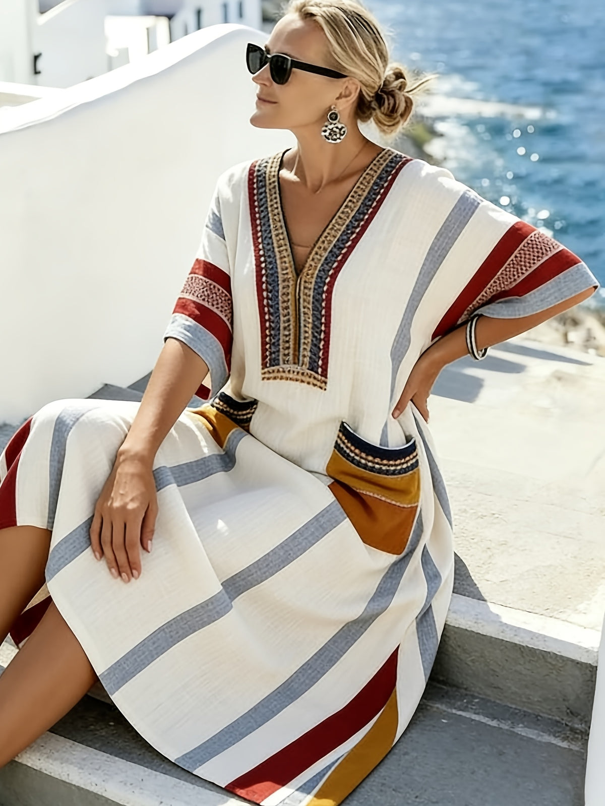 Women's Fashionable, Casual, Comfortable, and Elegant Bohemian Print Dress for Beach Vacation Style - Multicolor