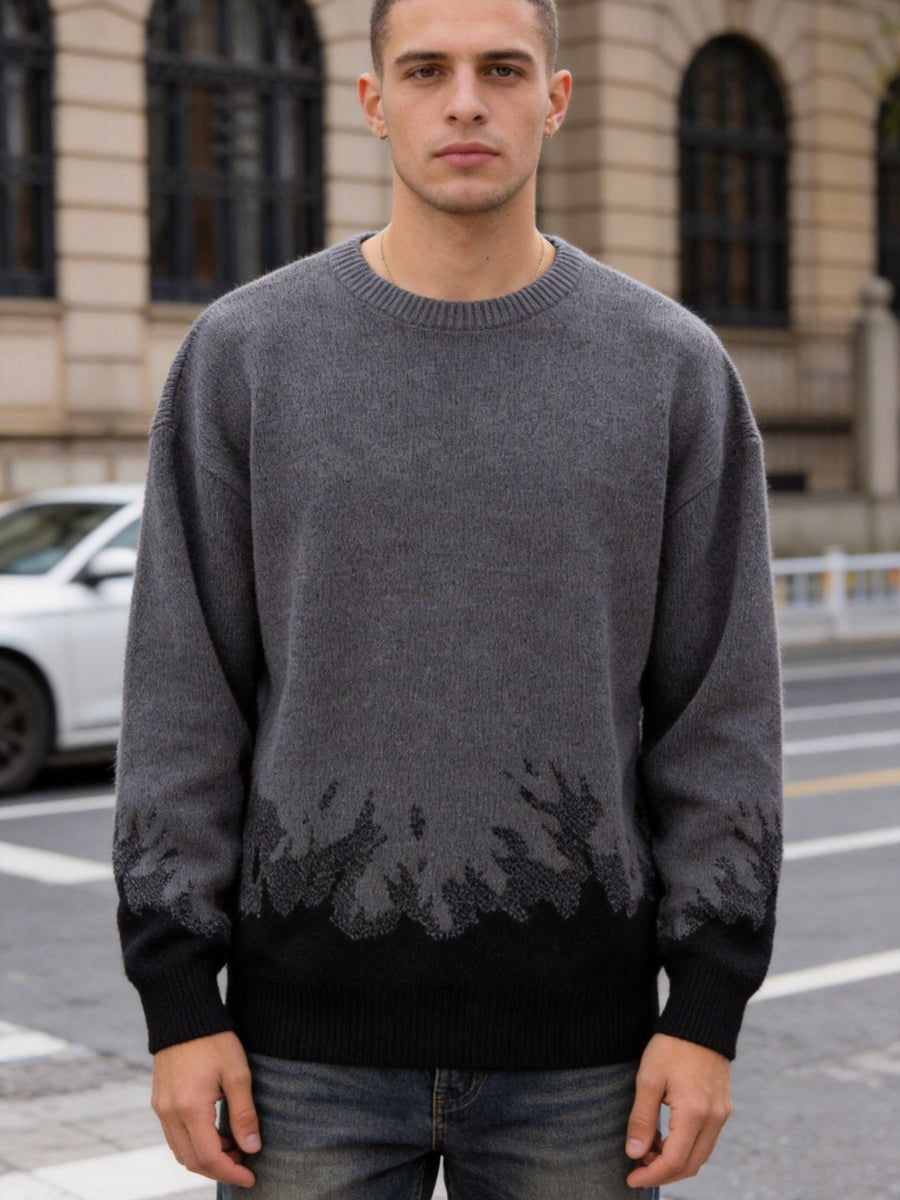 American High Street Gradient Flame Sweater | Trendy Design Knit Top - Black