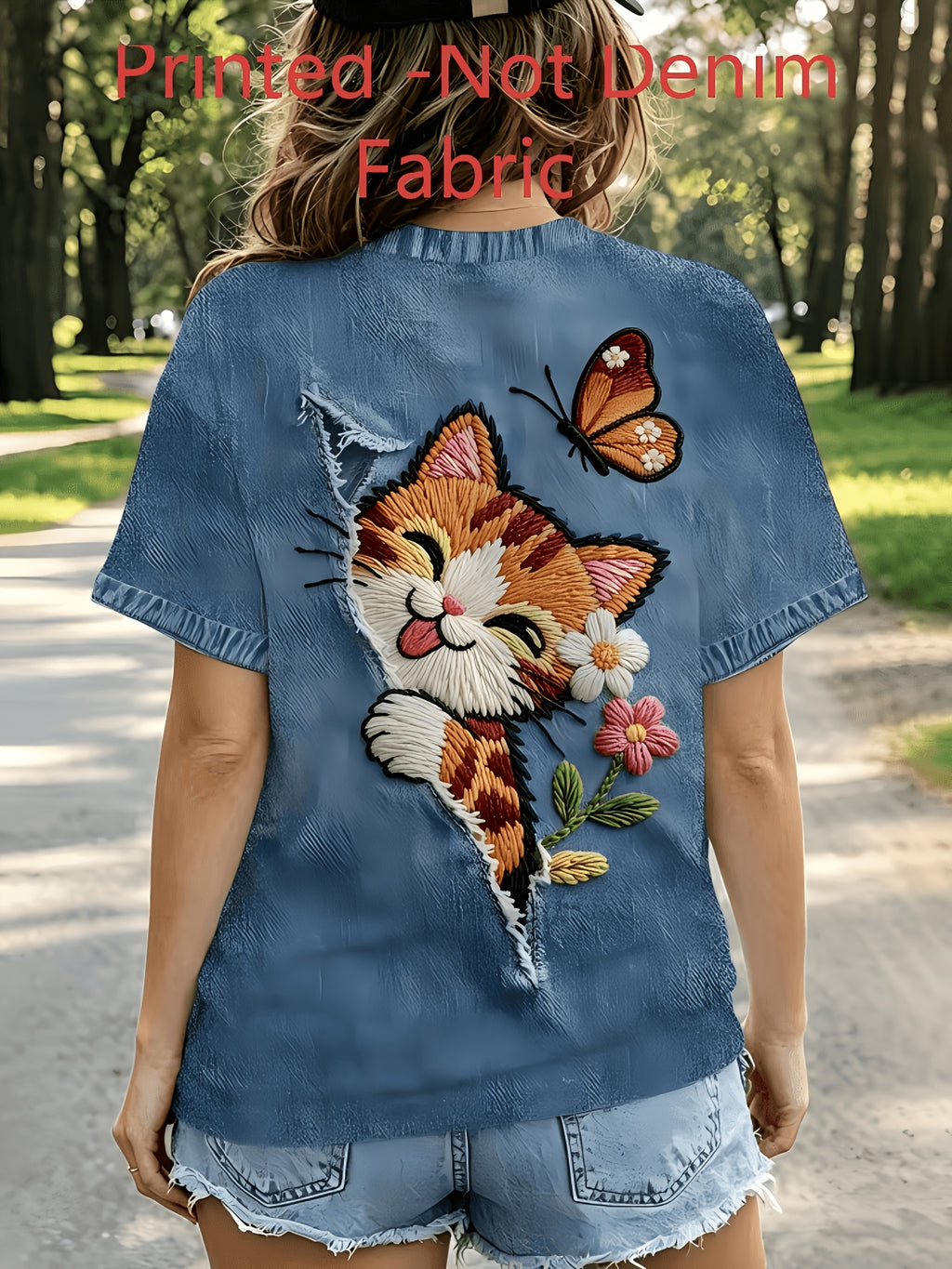 [Printed Pants - Not Faux Denim Fabric]Women'S Imitation Faux Denim Round Neck Short-Sleeved T-Shirt, Embroidered Print Cute Cat Butterfly Small Flower Ripped Print Casual Top, Versatile Retro Age-Reducing Daily Outing Wear Top - Mixed colors