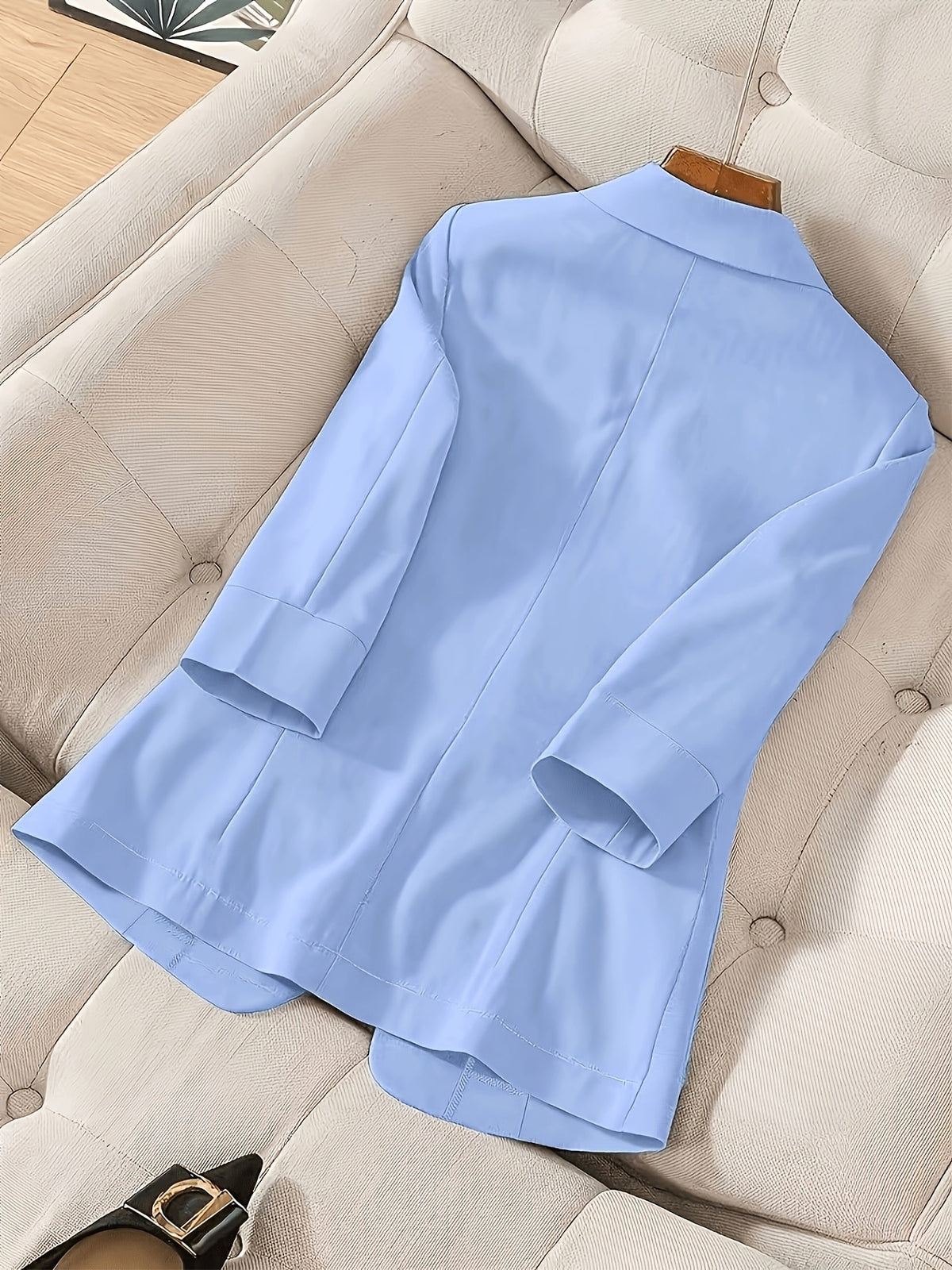 2026 New Solid Color Three-Quarter Sleeve Button Pocket Decoration Three-Dimensional Cut Slim Fit Commuter Casual Versatile Workplace - Sky Blue