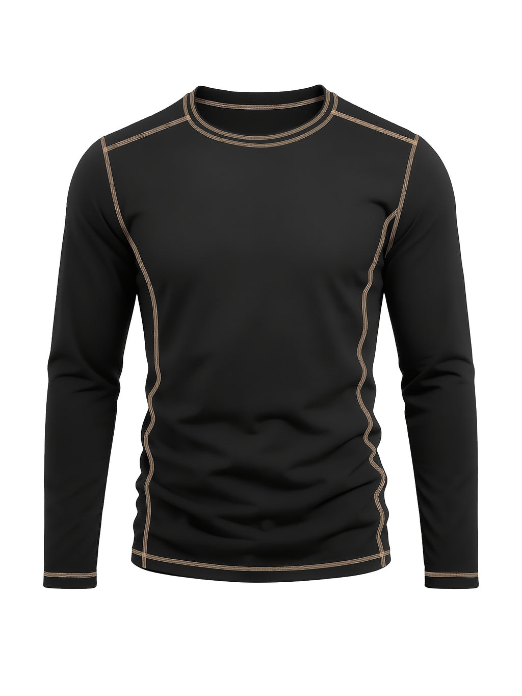 Men's Retro Patchwork T-Shirt - Solid Color Base with Contrast Patch Suitable for Fall/Winter, Round Neck Long Sleeve Casual Layering Top, Machine Washable Blending Shirt for Outdoor & Casual Attire (Regular Fit) - Black