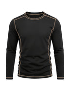Men's Retro Patchwork T-Shirt - Solid Color Base with Contrast Patch Suitable for Fall/Winter, Round Neck Long Sleeve Casual Layering Top, Machine Washable Blending Shirt for Outdoor & Casual Attire (Regular Fit) - Black