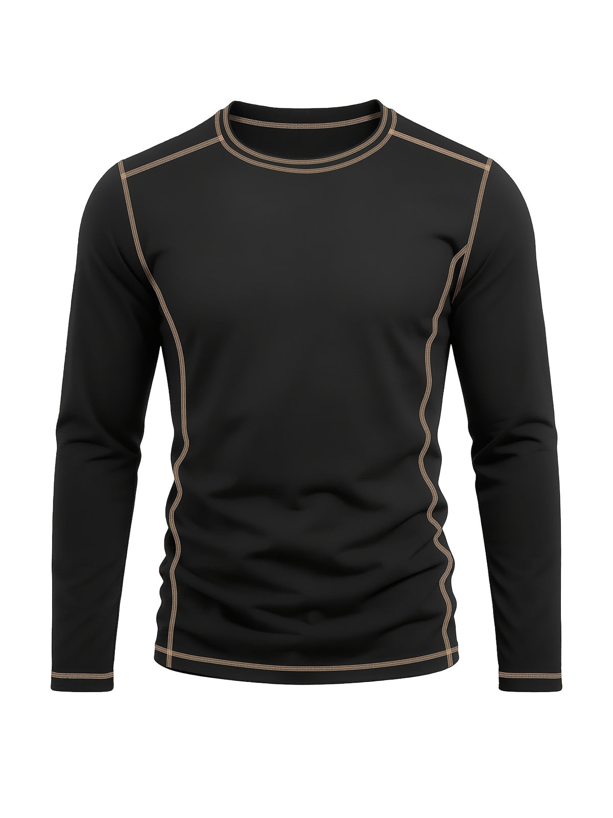 Men's Retro Patchwork T-Shirt - Solid Color Base with Contrast Patch Suitable for Fall/Winter, Round Neck Long Sleeve Casual Layering Top, Machine Washable Blending Shirt for Outdoor & Casual Attire (Regular Fit) - Black