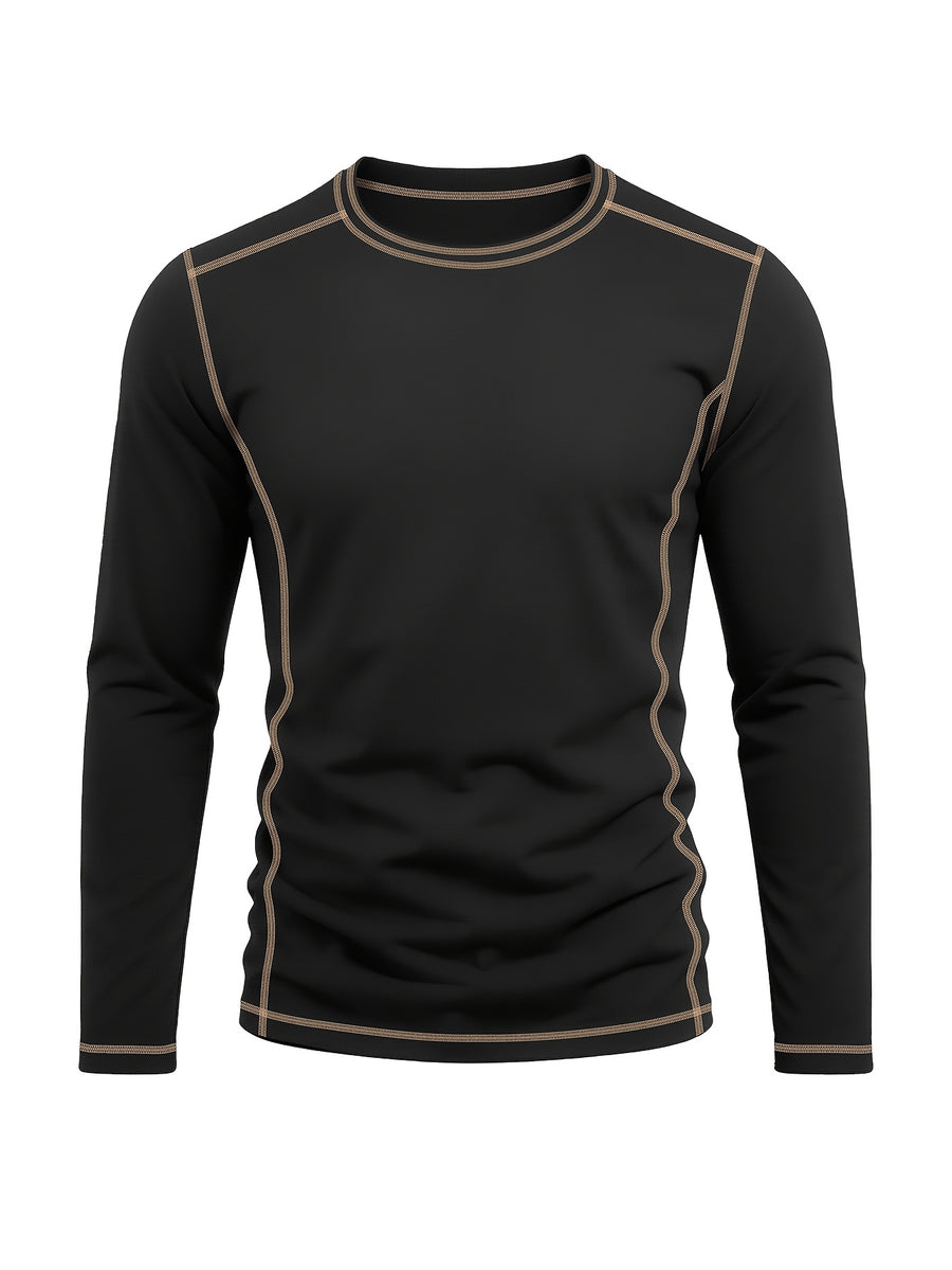Men's Retro Patchwork T-Shirt - Solid Color Base with Contrast Patch Suitable for Fall/Winter, Round Neck Long Sleeve Casual Layering Top, Machine Washable Blending Shirt for Outdoor & Casual Attire (Regular Fit) - Black