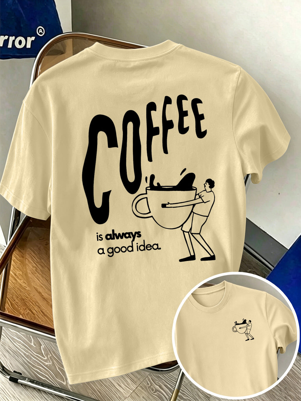 Men'S 100% T-Shirt, Coffee Character Print, Soft Breathable Comfortable Casual, All-Season Daily Commute - Apricot