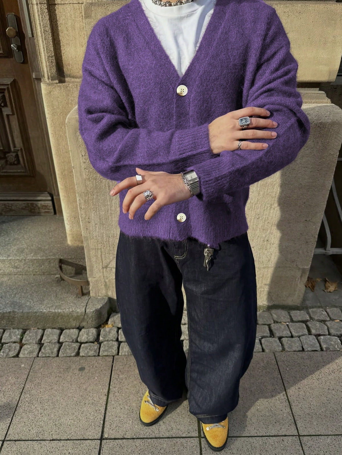 Autumn/Winter Unisex V-Neck Open Front Two-Way Wear Loose Lazy Button-Up Layering Basic Versatile Preppy Style Knit Top - Purple