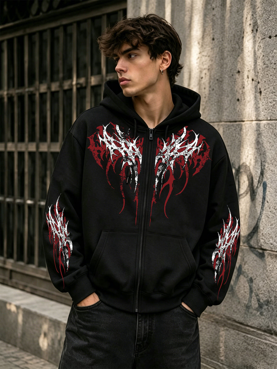 Black Metal Thorns Print Zipper Hooded Cardigan Sweatshirt - Black
