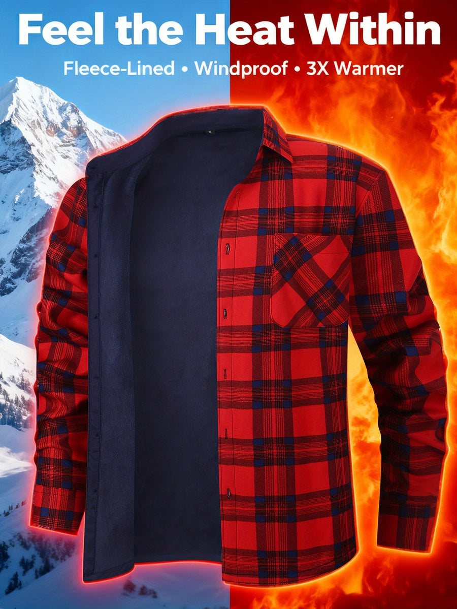 Autumn/Winter Plaid Flannel Shirt for Men, -Lined, Thickened, Warm, Long-Sleeve Workwear Jacket, Casual Top, New Season - Red Grid