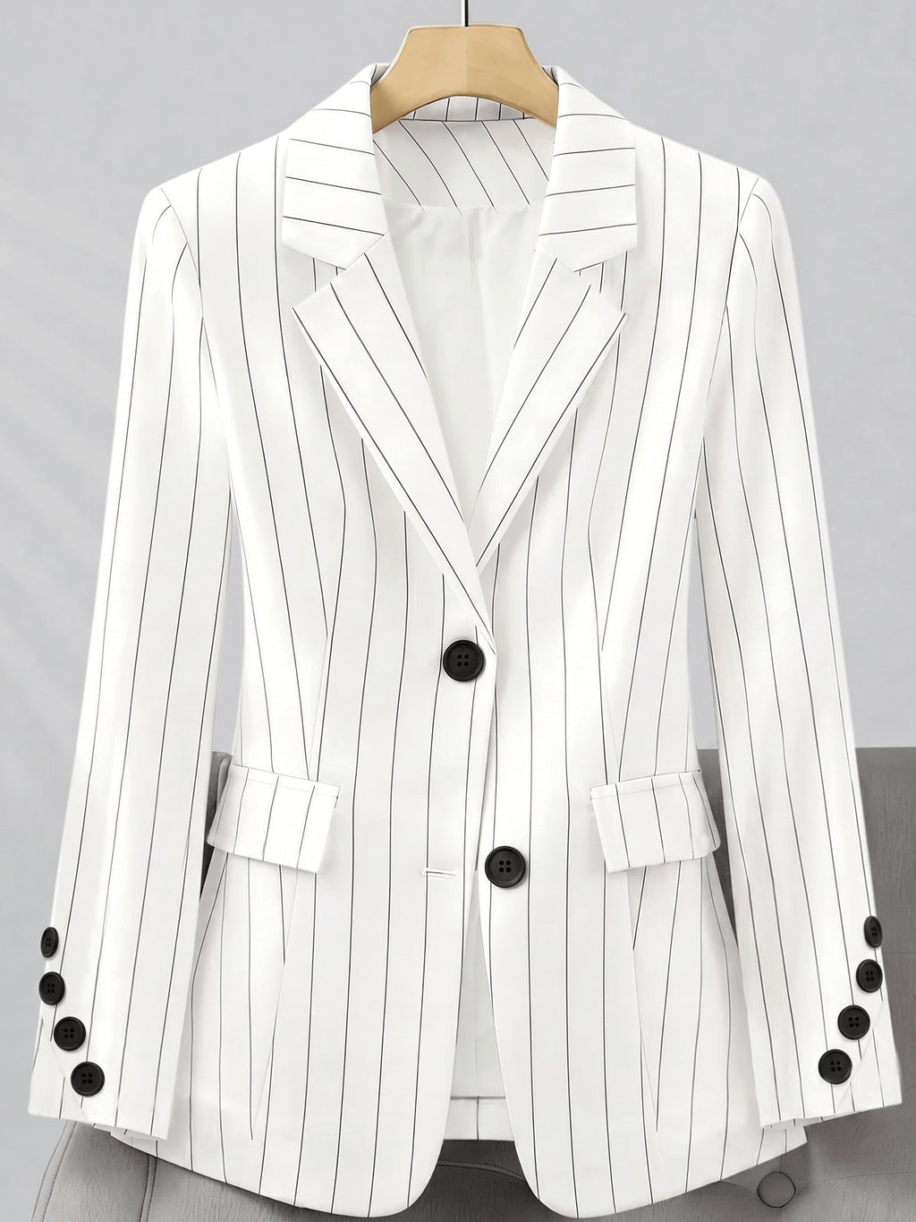 European and American Women's Striped Blazer Top with Multi-button Design, Fashionable, Versatile, Elegant, and Graceful - White
