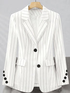 European and American Women's Striped Blazer Top with Multi-button Design, Fashionable, Versatile, Elegant, and Graceful - White