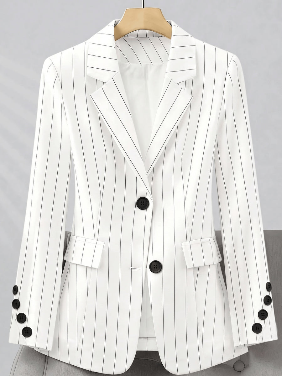 European and American Women's Striped Blazer Top with Multi-button Design, Fashionable, Versatile, Elegant, and Graceful - White