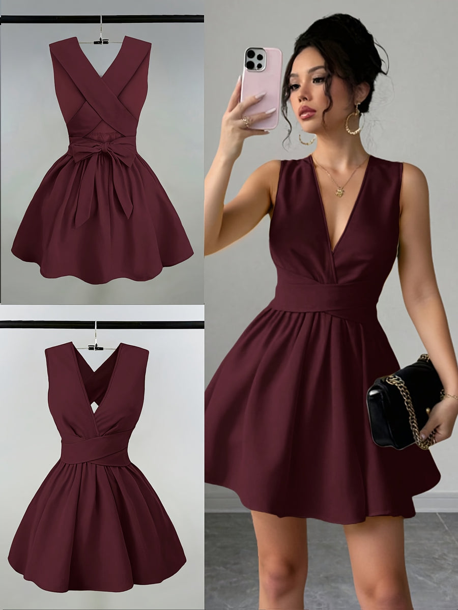 Women'S Romantic Elegant Sexy Wedding Guest Style Wearable Cross V-Neck Sleeveless A-Line Mini Dress - Deep Red