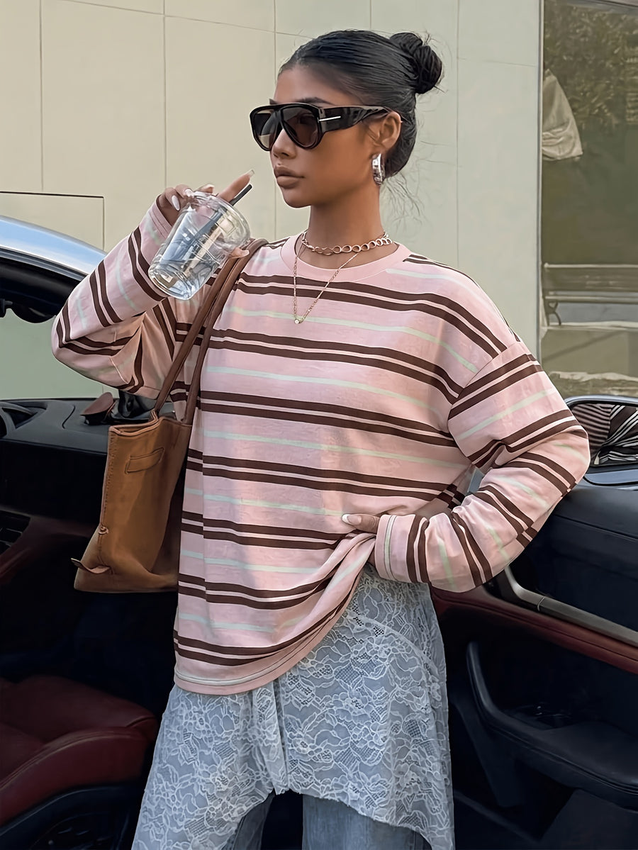 Vintage Brown/White/Blue Striped Oversized T-Shirt - Loose Fit Drop Shoulder Long Sleeve Top Suitable for Slightly Fuller Figures, Machine Washable Layering Piece for Fall Winter Wardrobe, Pilling & Fade Resistant Style - Mixed Color 2