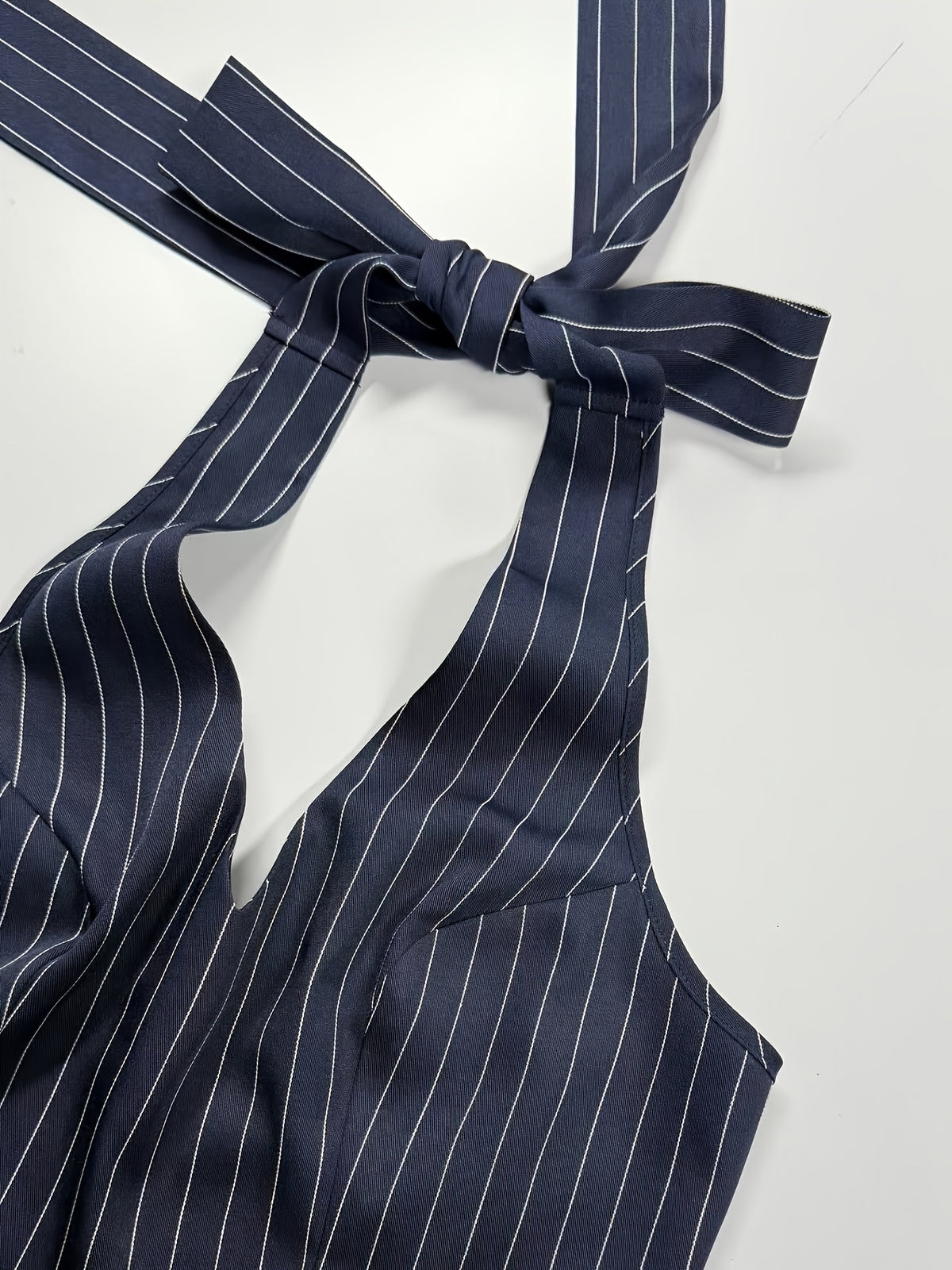 Elegant Exquisite Women's Navy Blue Vertical Striped Halter Deep V-Neck Side Ruched Bodycon Mini Dress Fashion Temperament Piece for Club Party Date Daily Outfit - Navy Color