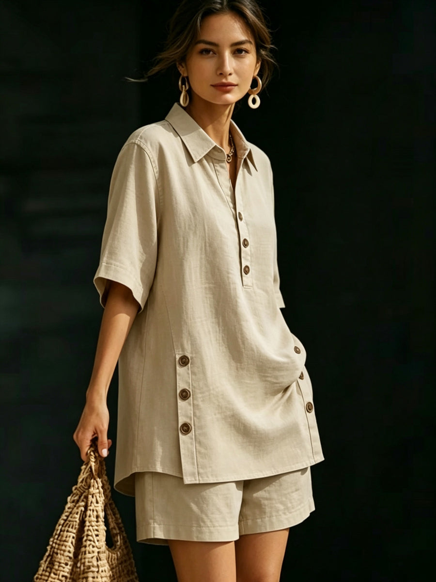 WY260406061) Women's Comfortable Loose-Fit Button-Up Shirt and Shorts Linen 2pcs Set - Apricot