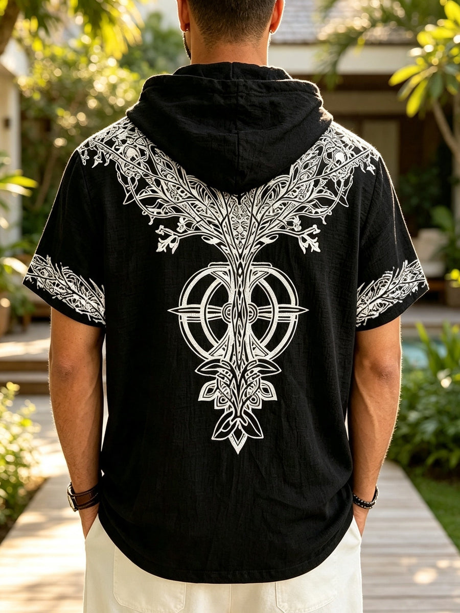 26 Styles Summer Men'S Loose Faith Rune Print Hooded Hip-Hop Trendy Short Sleeve, Casual Commute, Outing Shopping - Black