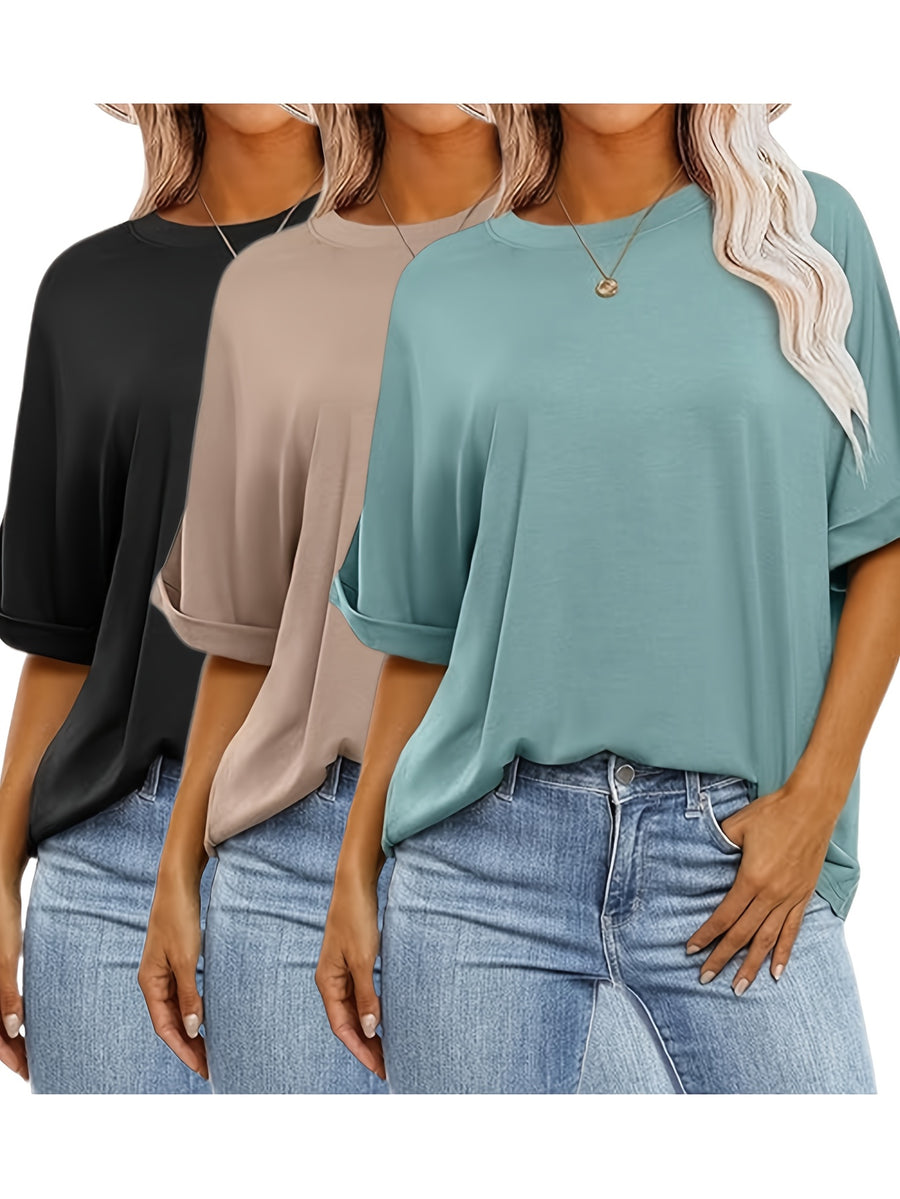 3pcs Women's Oversized Short-Sleeve T-Shirts - Loose Fit Round Neck Summer & All-Season Basic Tees, Solid Color Casual Layering Tops, Machine Washable Comfortable Casual Attire (Bulk Pack) - Neutral Colors Suitable for All Body Types - Mixed Color 2
