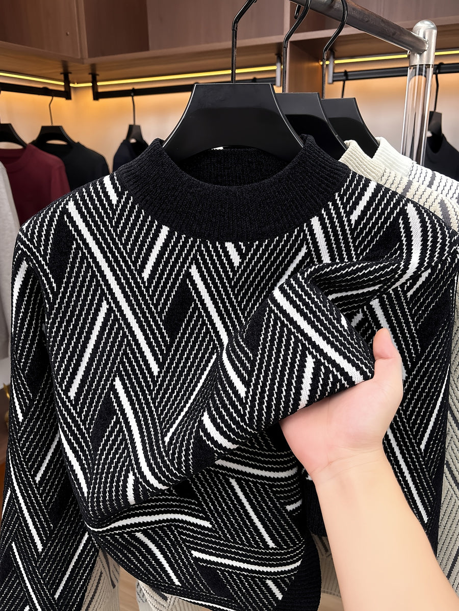 Men'S Mid-Length Round Neck Jacquard Sweater Autumn Winter Knit Casual Pullover Warm Top - Black