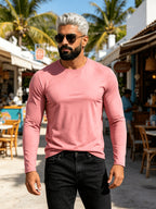 New Spring/Summer Men's Top, Fashionable Sporty Cotton Crew Neck Long Sleeve, Casual and Comfortable, Lightweight Summer Outerwear, Trendy Style - Pink Color