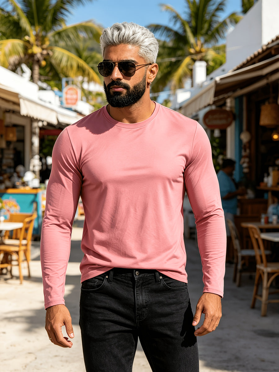 New Spring/Summer Men's Top, Fashionable Sporty Cotton Crew Neck Long Sleeve, Casual and Comfortable, Lightweight Summer Outerwear, Trendy Style - Pink Color