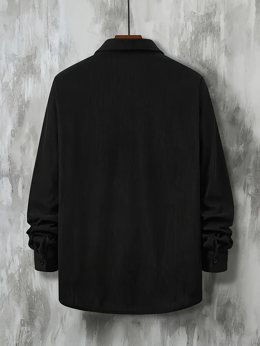 New Solid Color Spring/Autumn Men's Fashion Casual Corduroy Jacket, Lapel Single-Breasted Button Cardigan Style with Chest Pocket, Loose Fit, Can Be Worn as an Inner or Outer Layer - Black