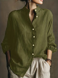 Women'S Spring Autumn Solid Color Stand-Up Collar Shirt, Casual Loose Lazy Style Long Sleeve Blouse, Retro Style Spring Autumn Versatile Temperament Top YTD Cherry - Military Green