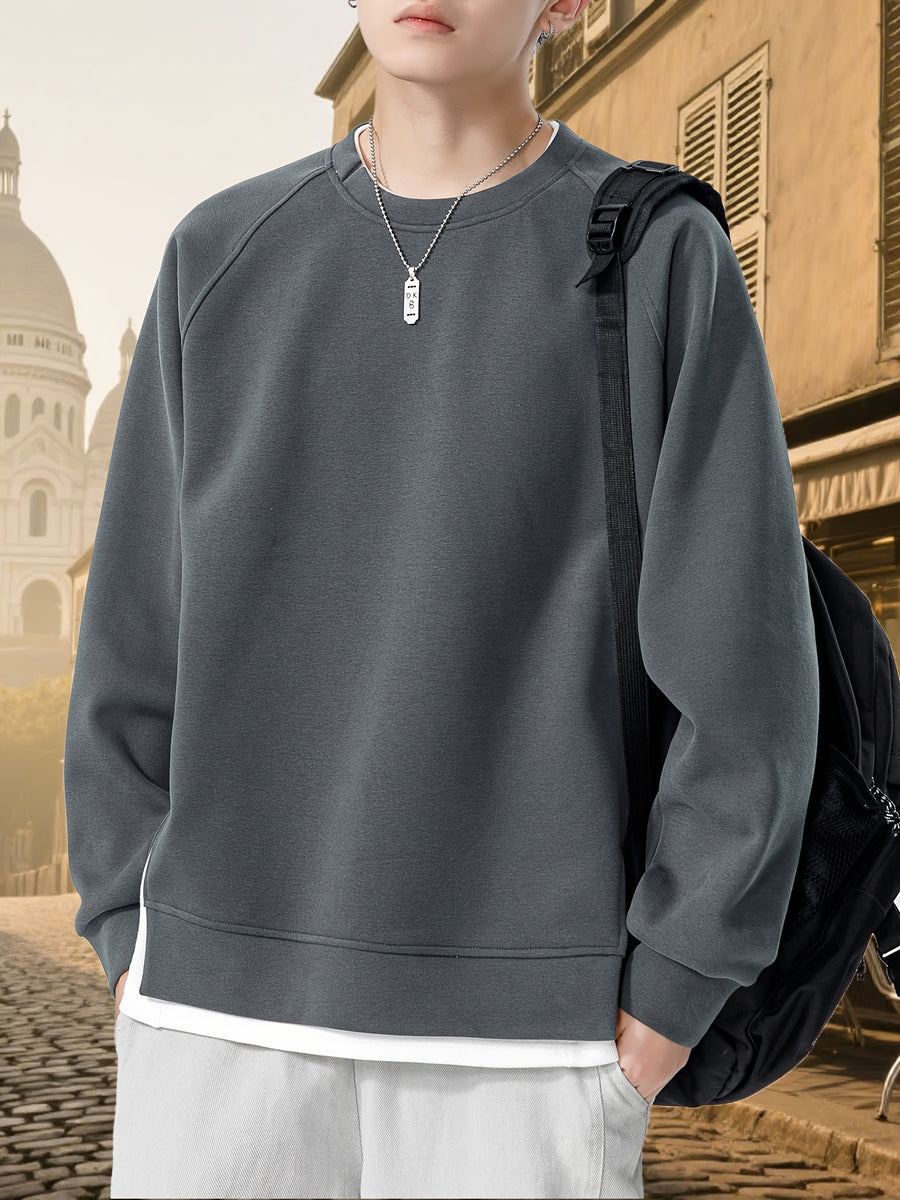 Autumn New Men'S Drop-Sleeve Casual Solid Color Sweatshirt Faux Two-Piece Hem, Men'S Round Neck Pullover, Niche Design Style - Dark Gray