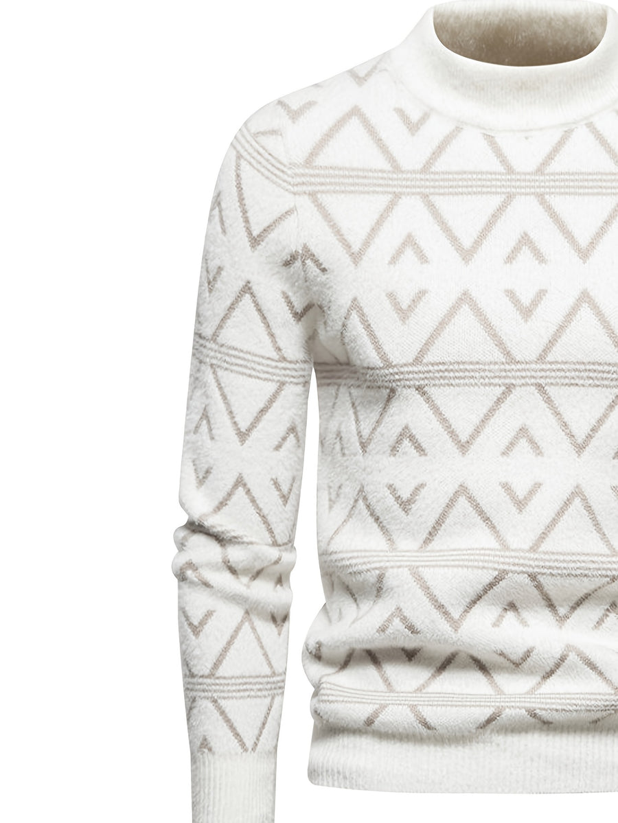 SENMEIGUO 2026 Autumn/Winter New Fashionable Jacquard Men'S Half High Collar Knitted Sweater, Color Contrasting Casual Warm Top - White