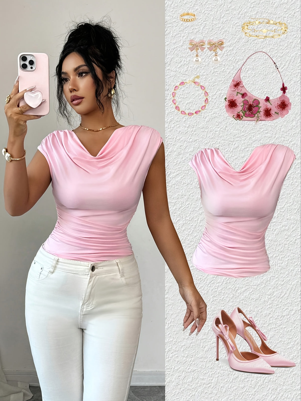 Spring/Summer Fashionable and Elegant Ruffle Pleat Collar Daily Casual T-Shirt - Pink