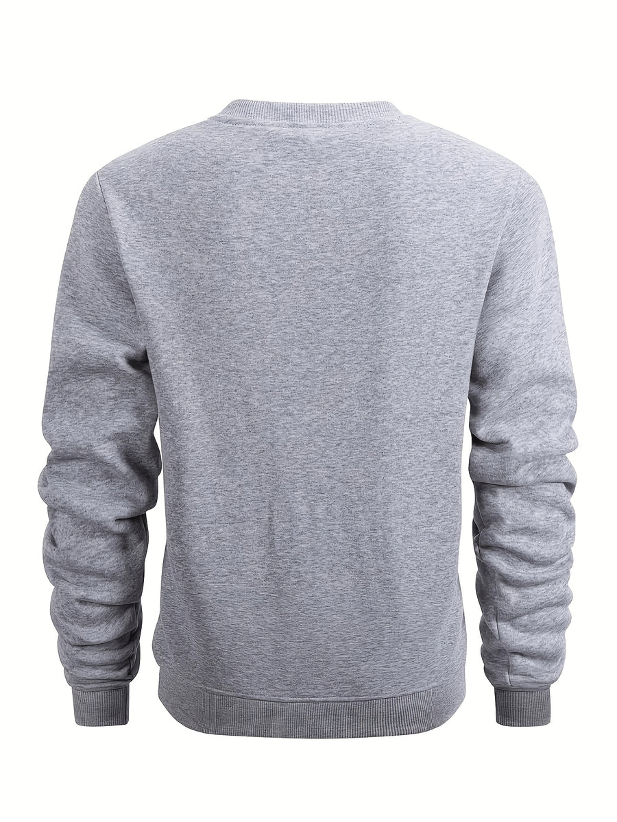 2pcs Men'S Fall Winter Thick Fleece Lined Crewneck Pullover, Retro Beach Surfboard Tree Sunset Graphic, Versatile Warm Long Sleeve Top, Daily Commute, Outdoor Activity, Street Style, Friend Meetup - Light Grey