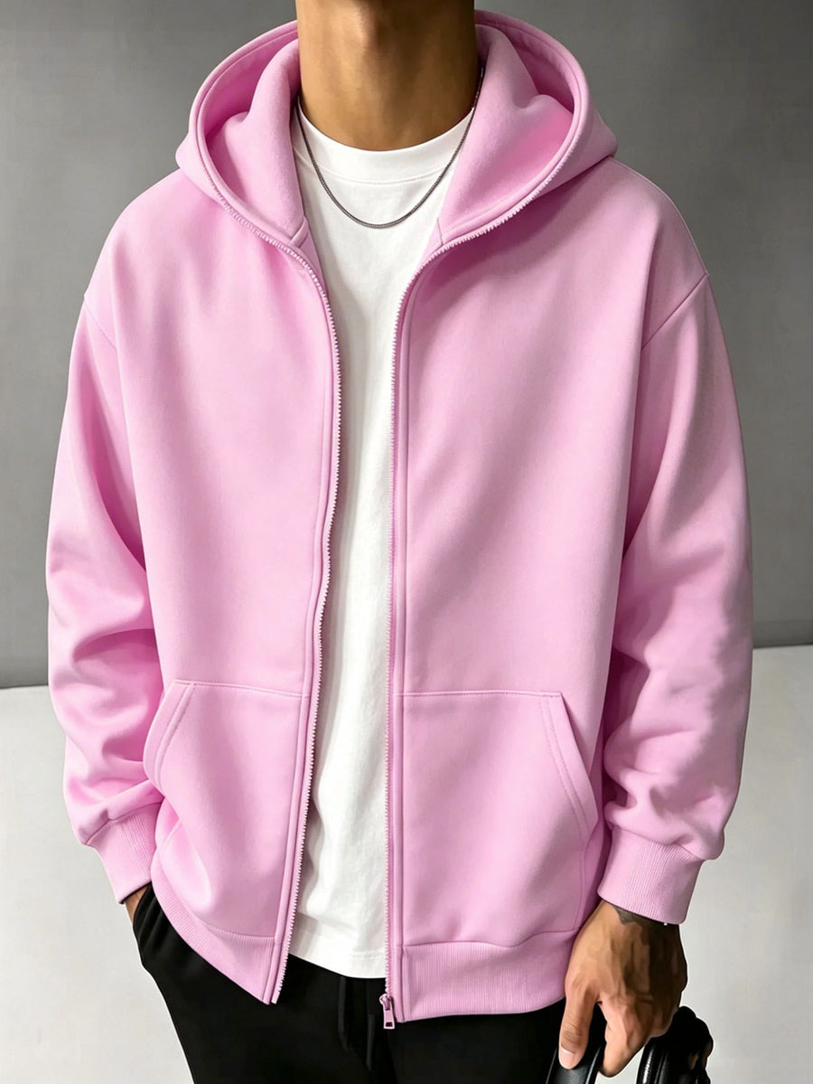 New Men'S Solid Color Autumn Winter Casual Athletic Top Men'S Hooded Zipper Sweatshirt - Pink Color