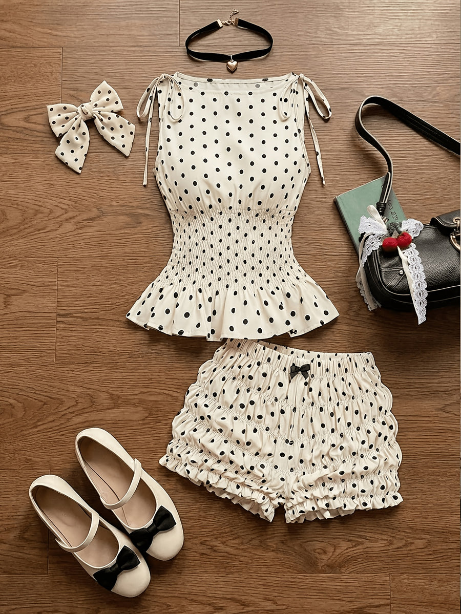 2pcs New Fashion Women's Color-Block Polka Dot Print Sleeveless Top and Shorts Set, Valentine's Day Outfit, Spring/Summer Attire, Date Wear, Beachwear, Summer Vacation Outfit, Casual Women's Clothing, Polka Dot Pattern, Outing Set, Afternoon Tea - Khaki