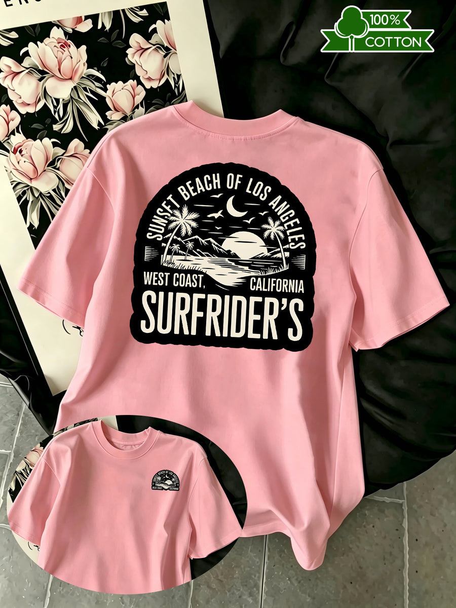 Summer New Coconut Tree Sunset Print Men'S Casual Sports Fitness Pure Short Sleeve Moisture Wicking And Sweat-Absorbing Sports Comfortable Casual Outing Matching, Outdoor Sports Fitness - Tomato Red