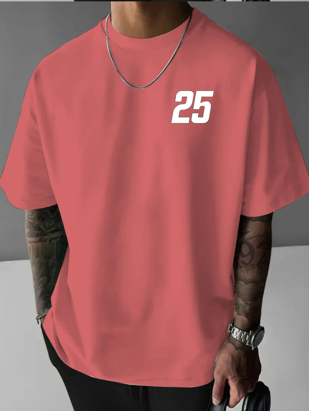 Minimalist Hand-Drawn Numerals and  Letter Creative Front and Back Print Fashionable Men's Casual Versatile #Commute #Leisure #Home #Office #Trendy Streetwear Fashion Item Crew Neck Heavyweight Pure Cotton T-Shirt - Tomato Red