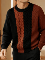 Men's Du Jing Lan OBM Color Block Knit Sweater - Old Money Style Round Neck Pullover with Contrast Long Sleeves, Business Casual Ribbed Sweater Suitable for Layering, Golf, Outdoor & Daily Wear, Spring/Autumn Winter Wardrobe Essential - Brown
