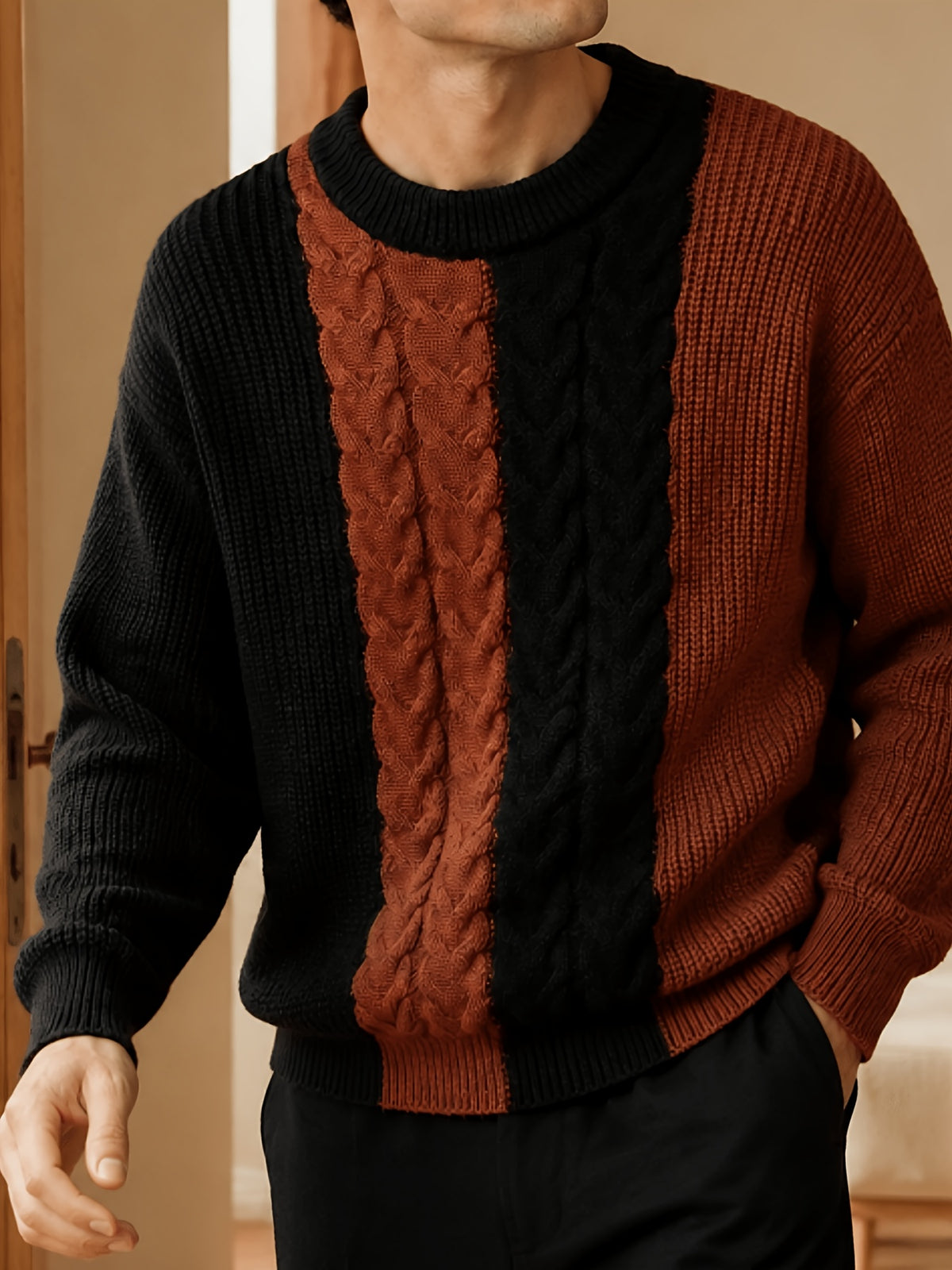Men's Du Jing Lan OBM Color Block Knit Sweater - Old Money Style Round Neck Pullover with Contrast Long Sleeves, Business Casual Ribbed Sweater Suitable for Layering, Golf, Outdoor & Daily Wear, Spring/Autumn Winter Wardrobe Essential - Brown