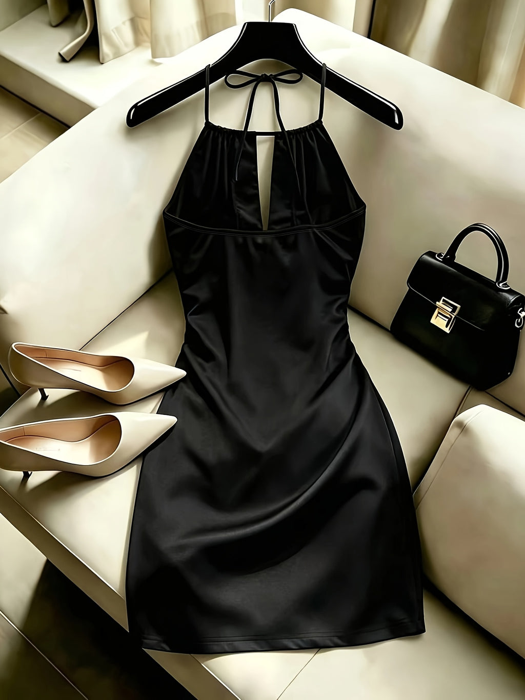 Women'S Halter Neck Tie Pleated Ruffled Front Cutout Design Dress, Vacation Wear, Women, Fashion Apparel, Suitable for Parties And Proms, Holiday Dress, Women'S Casual Party Date Photography Top - Black