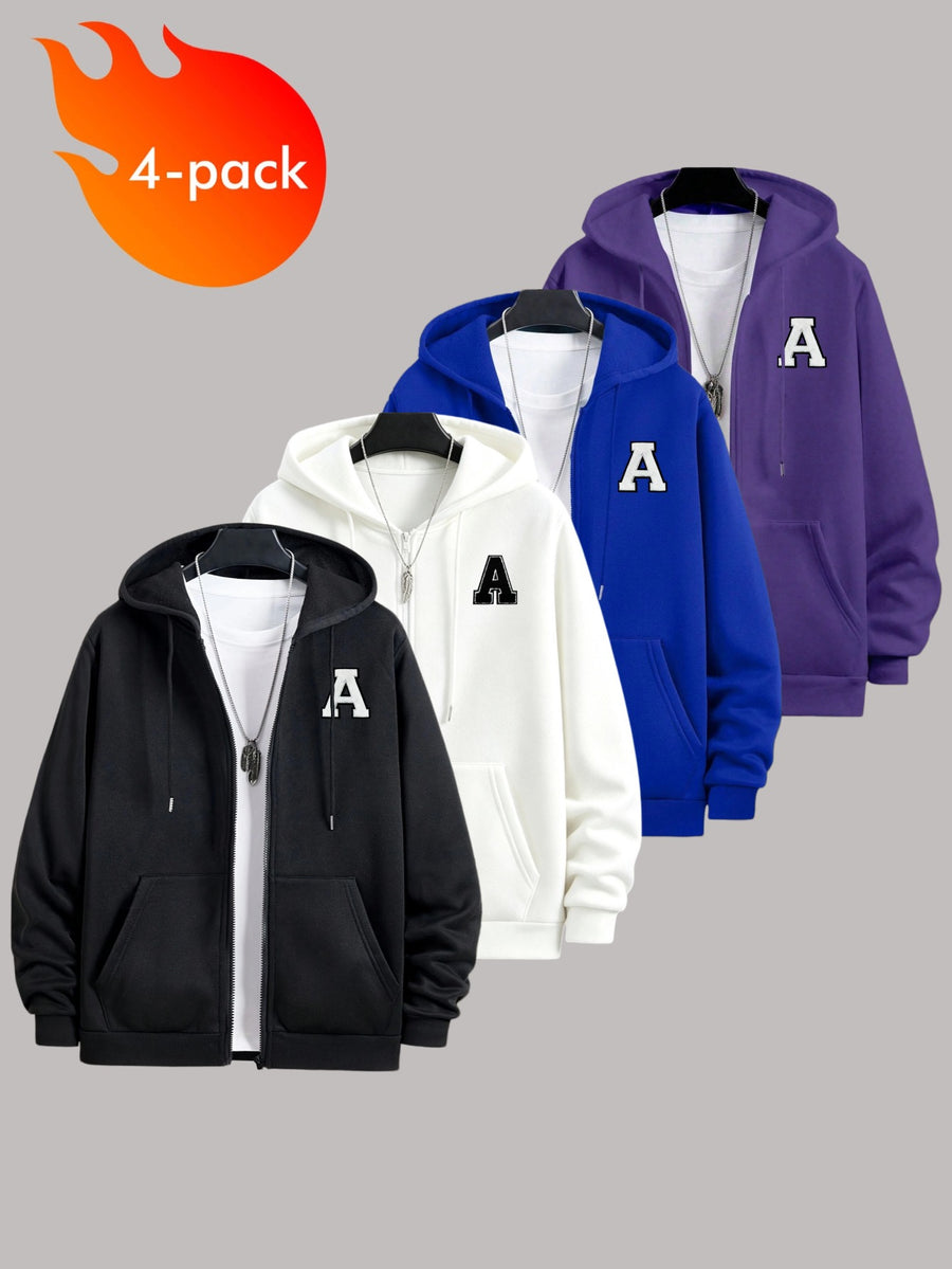 50% Cotton, 50% Polyester, 4pcs Men's Zippered Hooded -Lined Sweatshirt, Men's Apparel, Long-Sleeve Jacket, Zippered Top, Hooded Sweatshirt, Pockets, Drawstring, Suitable for Outings, Casual Wear, Back-to-School Season, Gift for Boyfriend - Black + White + Blue + Purple