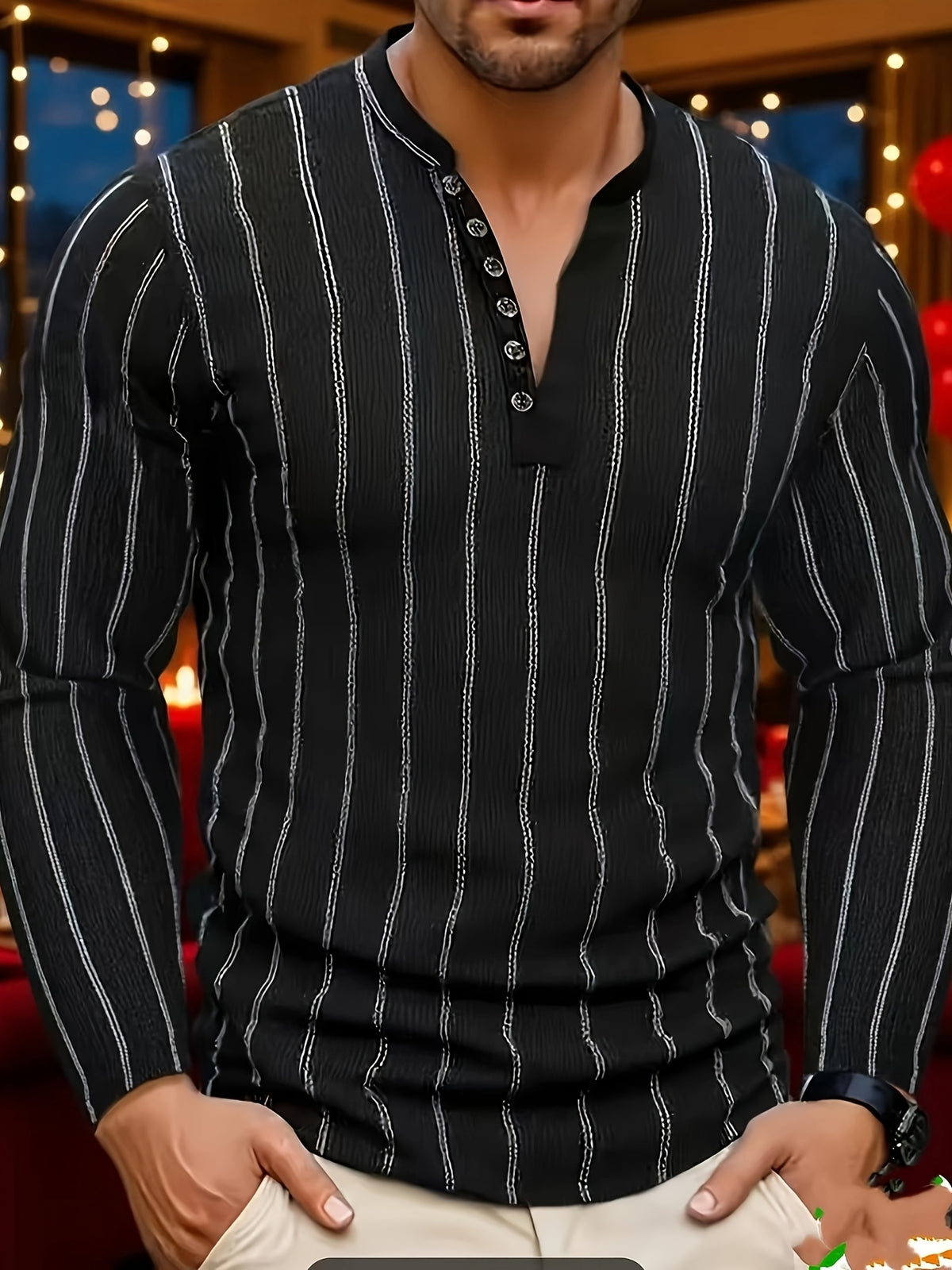 Men'S Casual Striped Long-Sleeve Shirt – Black with Vertical Stripes, Button Henley Neckline, Medium Stretch Knit Fabric, Perfect for Casual Wear in Spring And Autumn, Spring/Summer Clothing | Striped Shirt | Medium Stretch Fabric - Black