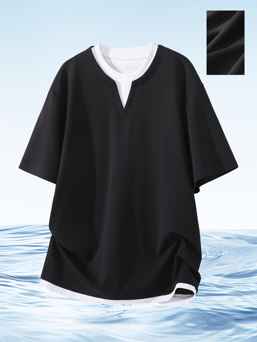 MIANZHI Men's Short Sleeve American Streetwear Brand T-Shirt, New Summer Loose Fit Casual 2-in-1 Look Half Sleeve Heavyweight Waffle Knit Fashion Outdoor Sports Top - Black