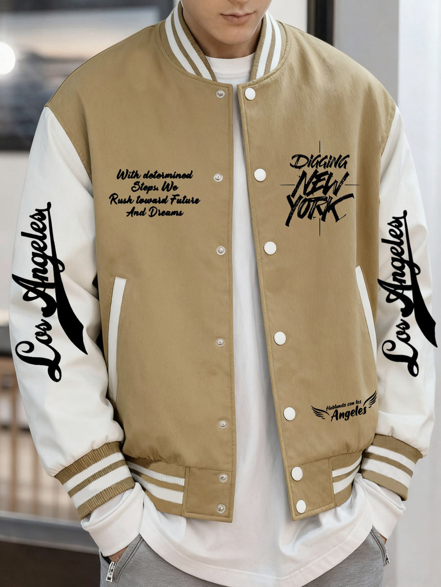 Men's Essential New Baseball Jacket: Color-Block Varsity Style New York Los Angeles Series Printed Jacket - Polyester, Baseball Collar, Pockets - 8 Colors Available for All Seasons, Versatile Fashion for Parties, Outings, and Outdoor Sports - Khaki