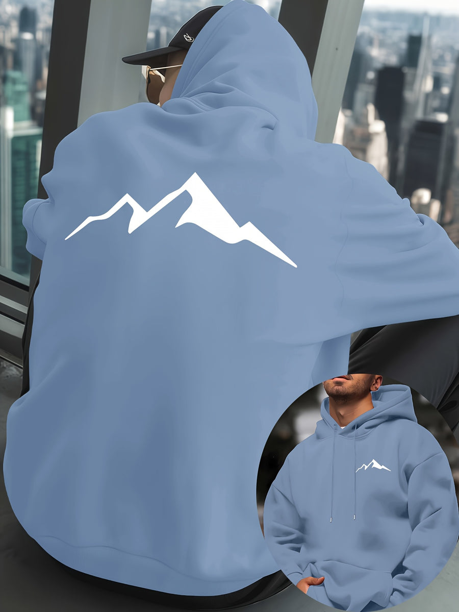 Mountain Men'S New Trendy Autumn Winter Hooded Sweatshirt, Casual Daily Drawstring Hoodie Creative Design Print, Kangaroo Pocket, Unisex Top - Light Blue