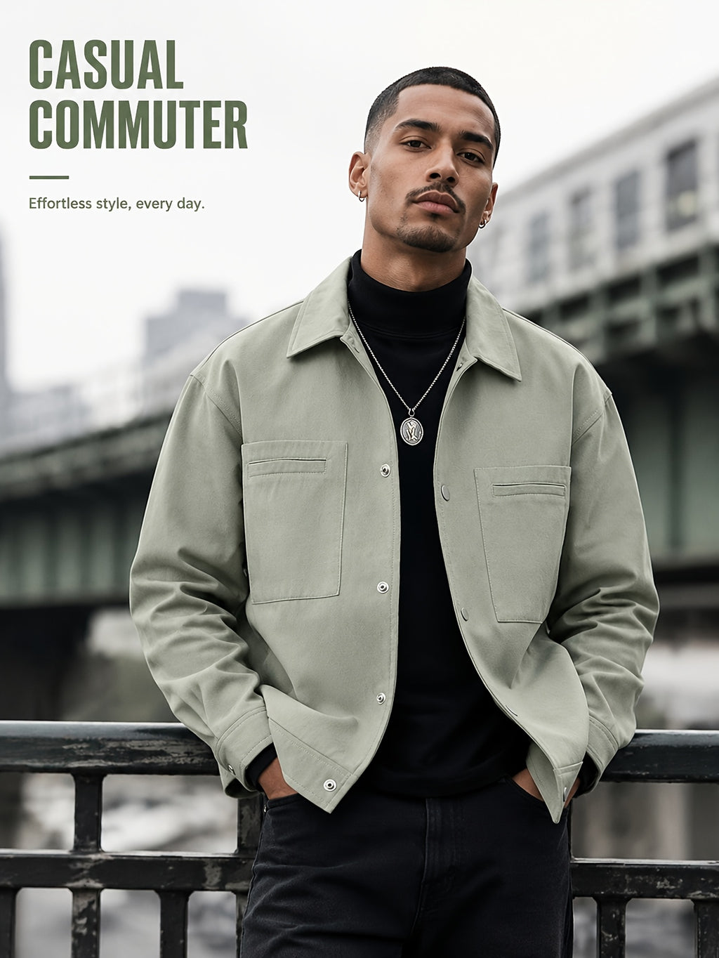 Men'S Lapel Collar Snap Button Utility Jacket, Multi-Patch Pockets Design with Pen Slot, Loose Short Cut Workwear Outer Coat, Durable Fabric Street Style Outerwear for Everyday City Wear - Salt Ash Green