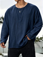2pcs Men'S Linen Henley Shirt Set, Short Sleeve And Long Sleeve 2pcs Combination, Loose Breathable Vacation Style Casual Top - Navy Color
