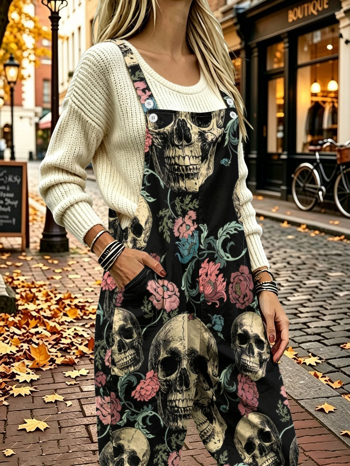 Autumn New Arrival Black Skull and Floral Color-Blocked Print Overalls for Women, Street Style, Loose Fit, Wide Leg, Rolled Hem, Multi-Pocket Casual Jumpsuit - Mixed colors