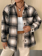 Elegant Plaid Print Drop-Shoulder Patch Pocket Button-Front Shirt Jacket, Thickened -Lined Shirt Jacket, Warm, Suitable for Daily Casual Wear and Parties - Black Plaid