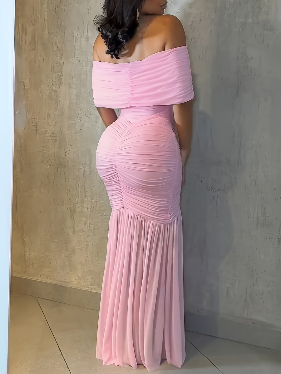 Off-The-Shoulder Pleated Waist See-Through Party Dress - Pink
