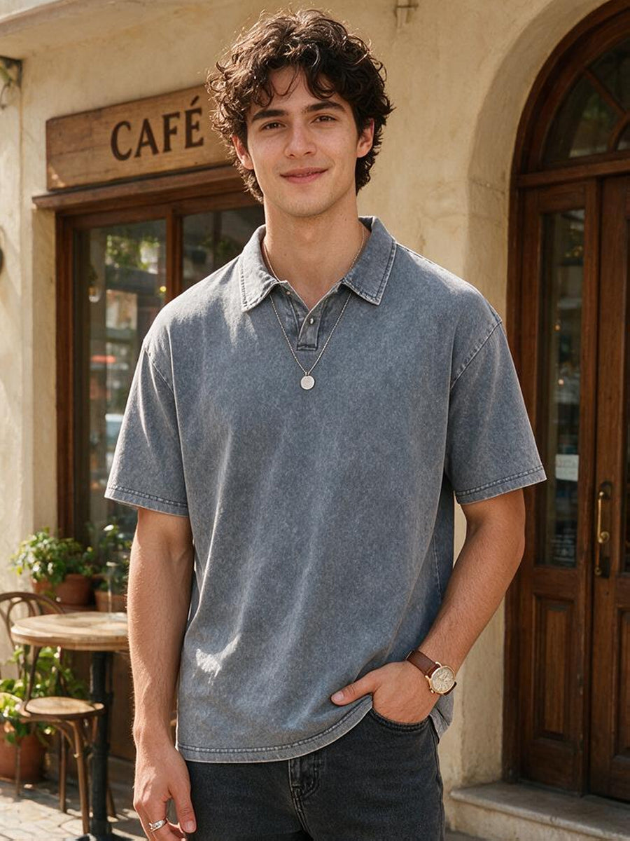 240G Heavyweight Combed Pure Men'S POLO Shirt Easy Retro Washed Loose Lapel Short Sleeve Skin-Friendly Temperament Autumn Summer Daily Commute Casual Top - Dark Gray