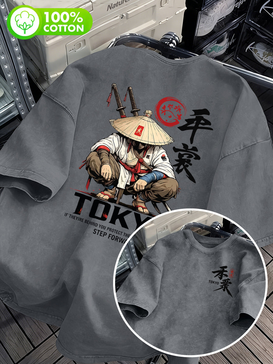 Men's 100% Cotton Washed "Japanese Dark Gothic Style Printed T-Shirt, Samurai Illustration Design, Enhances Outfit Recognizability" Front and Back Double-Sided Print - Casual Cotton Versatile Loose-Fit Summer Crew Neck Short Sleeve - Grey
