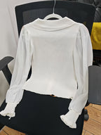2025 Women's Lantern Sleeve Sweater, New Spring/Summer/Autumn Style, Elegant and High-End Korean Style, Stylish Long Sleeve Outerwear, Patchwork Versatile Thin Knitwear, Slim Fit Base Layer, Doll Collar Top, Trendy - White